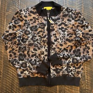 St John Sport Leopard Animal Print Knit Zip Cardigan Jacket Wool Blend M